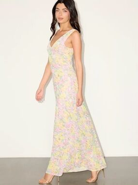 Sleeveless Pastel Floral V-Neck Maxi Dress - Pink/Yellow